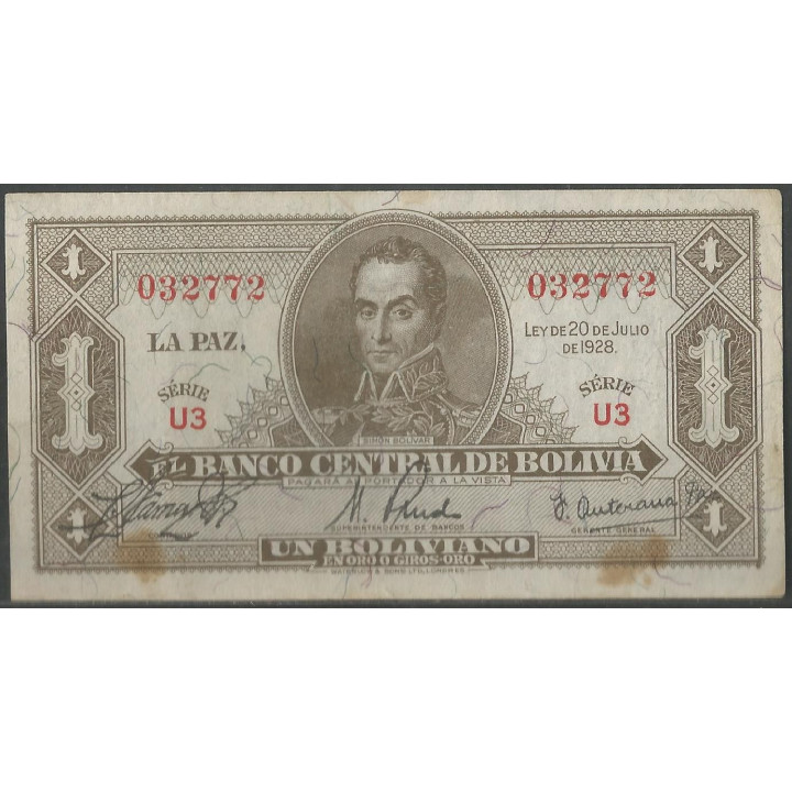 Bolivia 1 Boliviano L 20 Jul 1928 Serie U3 P128a