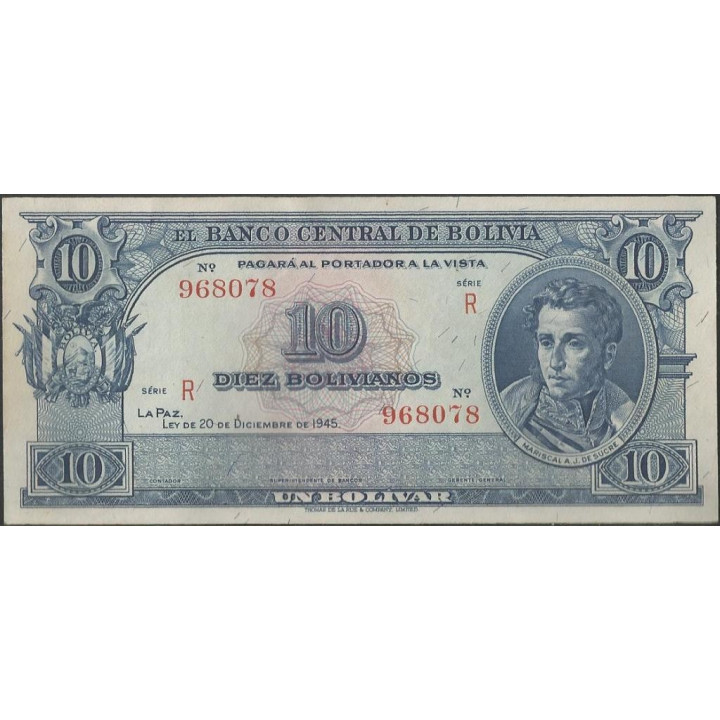 Bolivia 10 Bolivianos L 20 Dic 1945 Serie R P139d