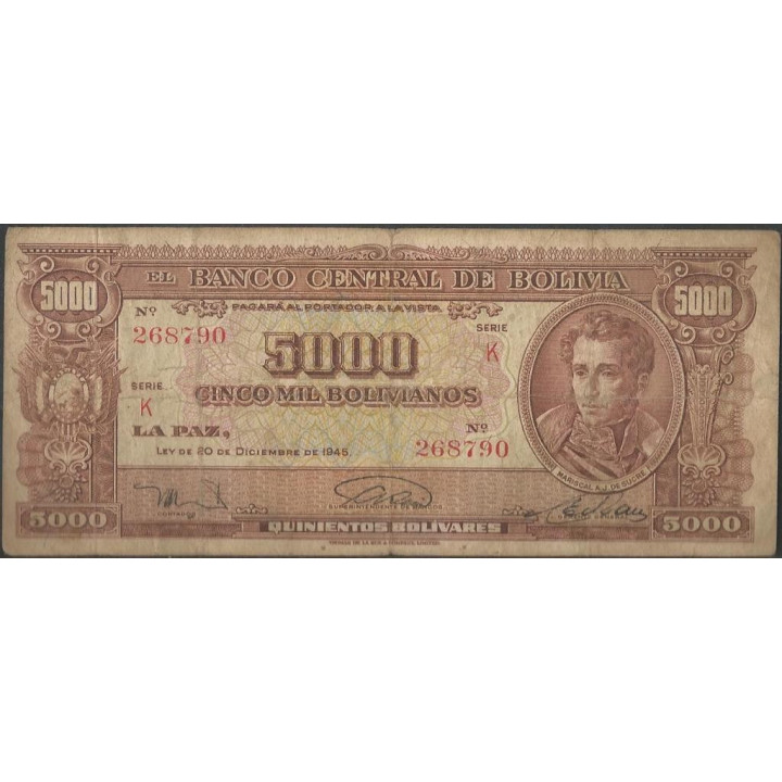 Bolivia 5.000 Bolivianos L 20 Dic 1945 Serie K P150