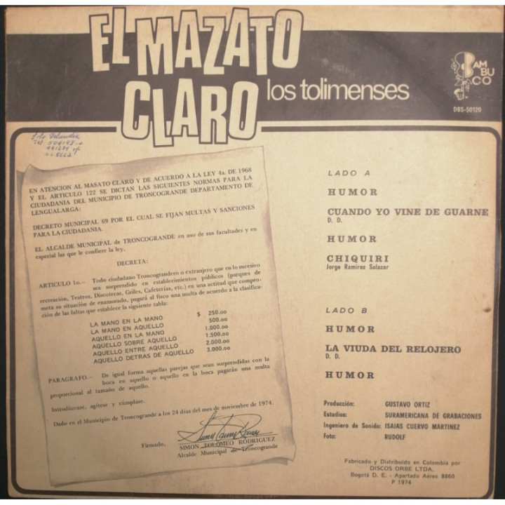 Los Tolimenses El Mazato Claro - Colombia reverso