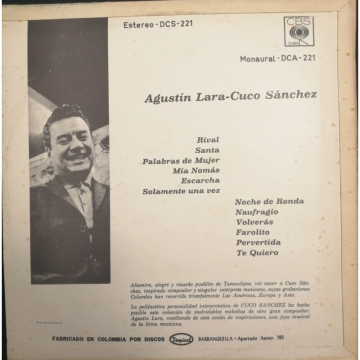 Agustin Lara y Cuco Sanchez Afectuosamente Cuco - Colombia reverso