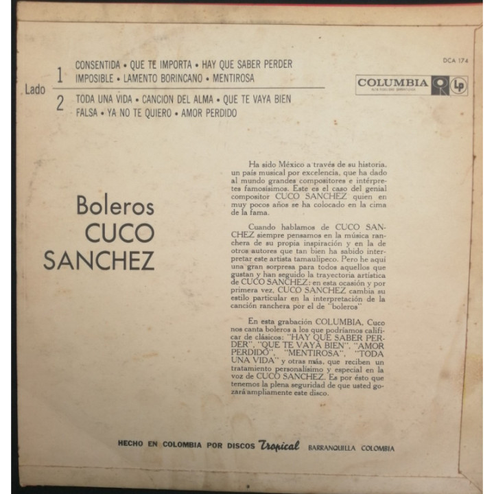 Cuco Sanchez Boleros - Colombia reverso