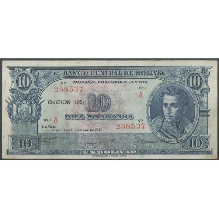 Bolivia 10 Bolivianos 1951 Serie A P139a