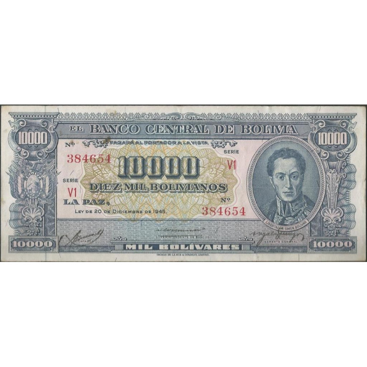 Bolivia 10.000 Bolivianos L 20 Dic 1945 Serie V1 P151