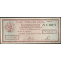 Bolivia 100.000 Bolivianos 21 Dic 1984 Serie A P188