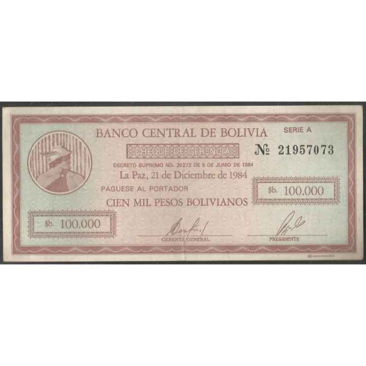 Bolivia 100.000 Bolivianos 21 Dic 1984 Serie A P188