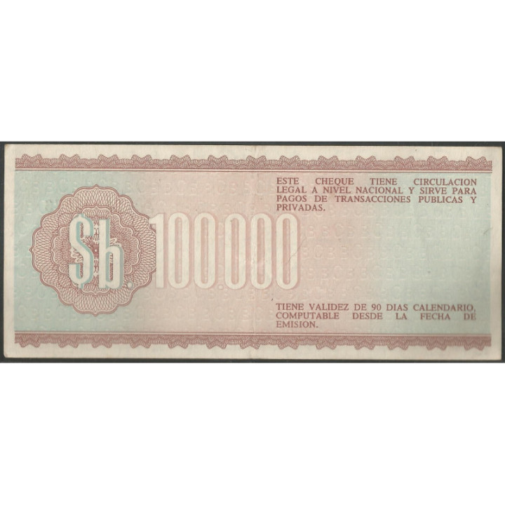 Bolivia 100.000 Bolivianos 21 Dic 1984 Serie A P188 reverso
