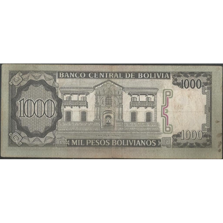 Bolivia 1.000 Pesos Bolivianos D 25 Jun 1982 Serie C P167a reverso
