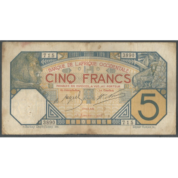 Africa Occidental Francesa, 5 Francs 13 Ene 1928 P5Be
