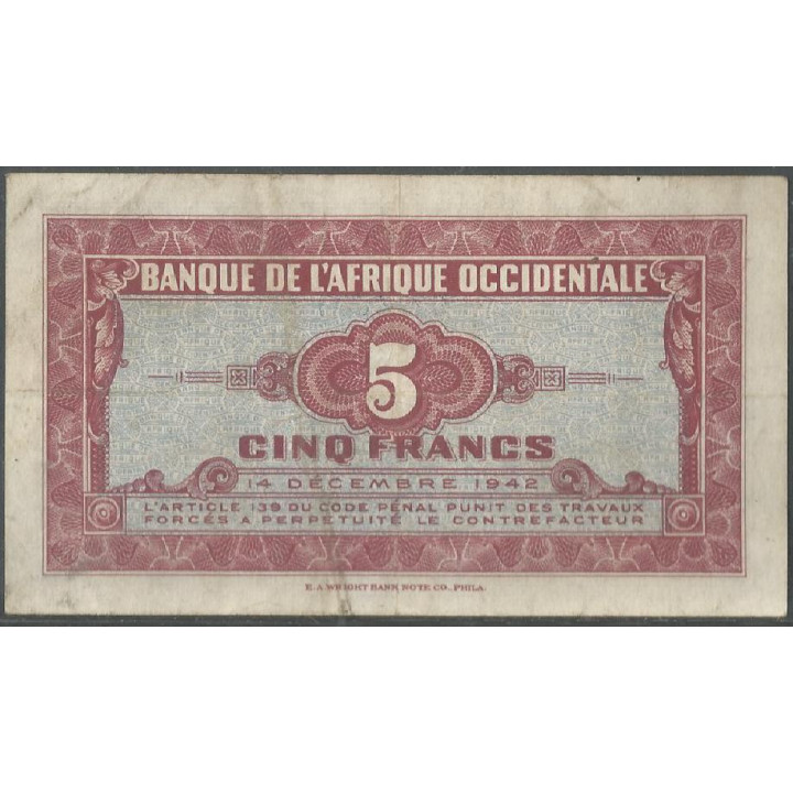 Africa Occidental Francesa, 5 Francs 14 dic 1942 P28a