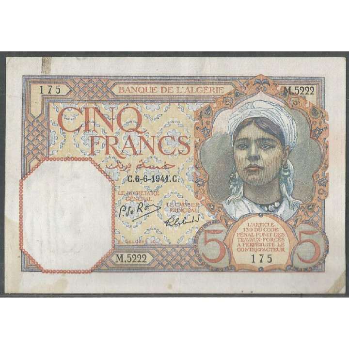 Argelia, 5 Francs 6 Ago 1941 P77b