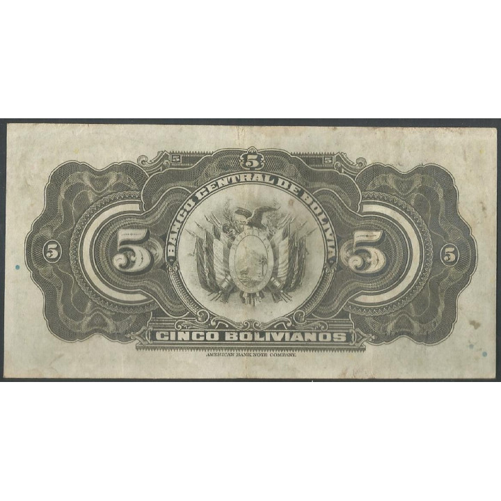 Bolivia 5 Bolivianos L 20 Jul 1928 Serie X9 P120a reverso