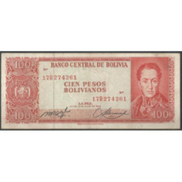 Bolivia 100 Pesos Bolivianos L 13 Jul 1962 Serie 17R P164A