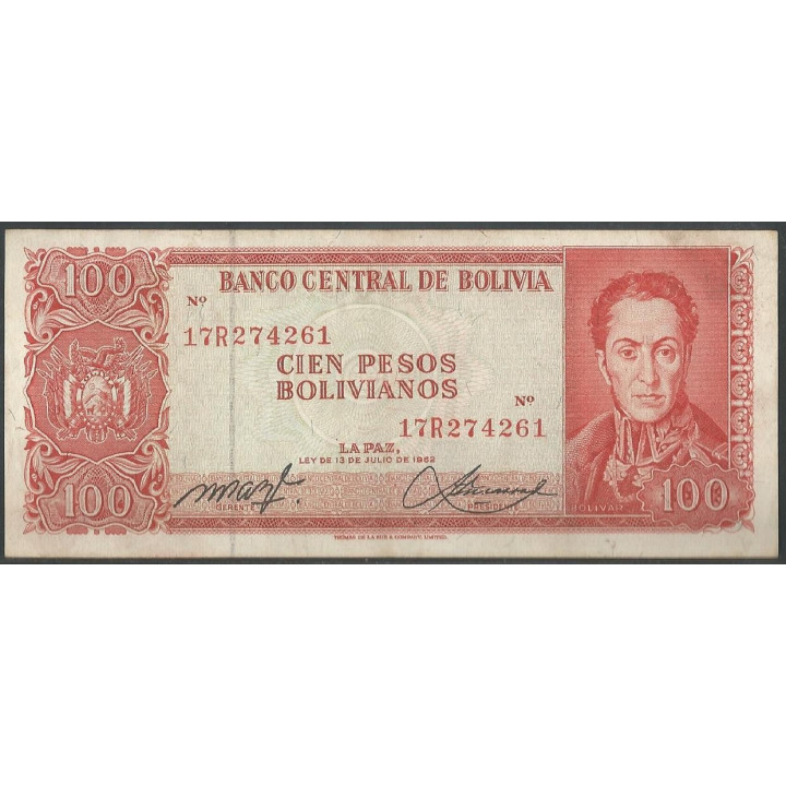 Bolivia 100 Pesos Bolivianos L 13 Jul 1962 Serie 17R P164A
