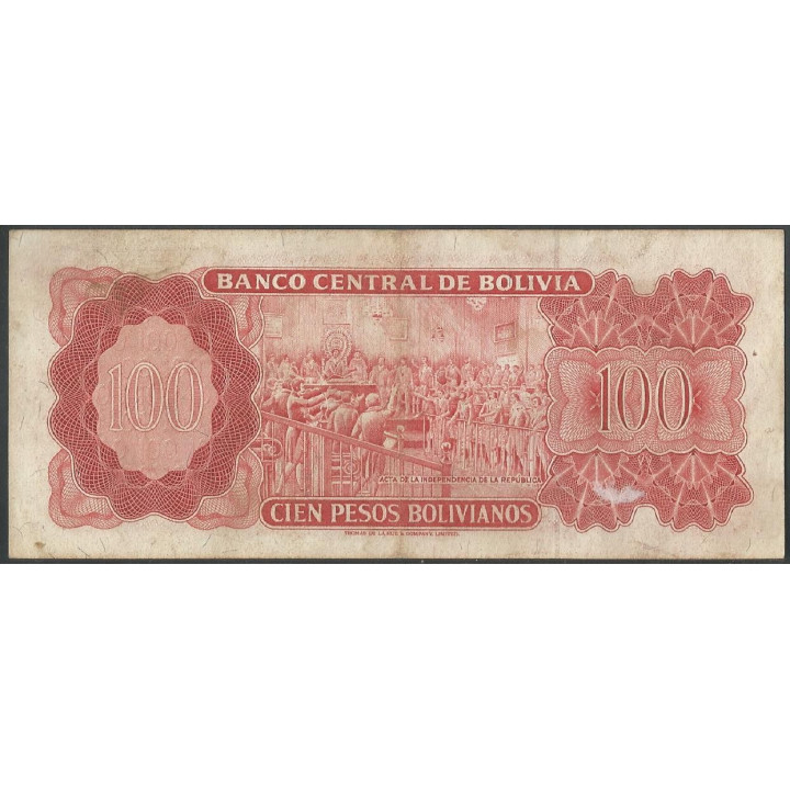 Bolivia 100 Pesos Bolivianos L 13 Jul 1962 Serie 17R P164A reverso