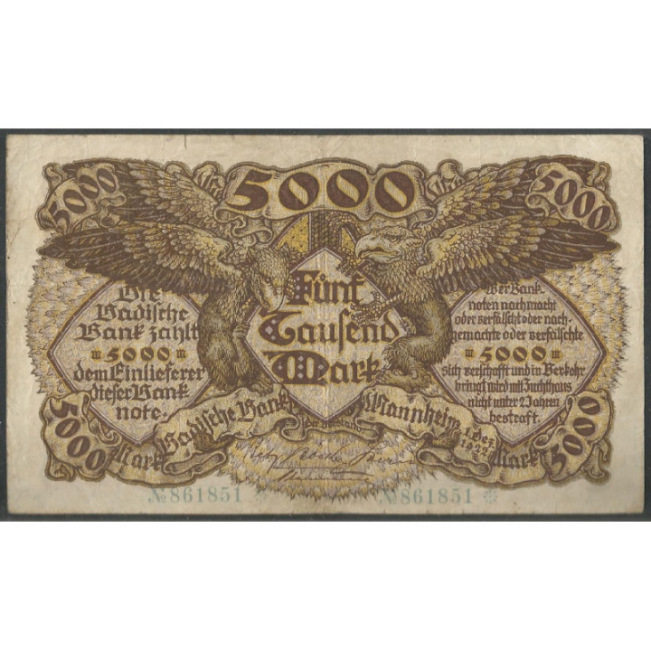 Alemania - Banco de Baden 5.000 Mark 1 Dic 1922 Ps909
