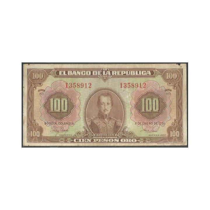 Billete de 100 Pesos 1 Ene 1951 7 Dig BGW290 reverso
