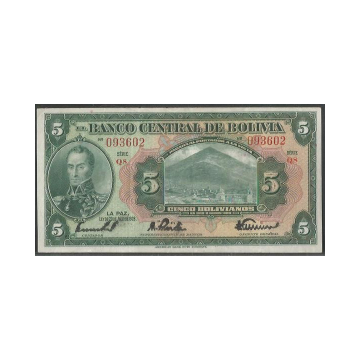 Bolivia 5 Bolivianos L 20 Jul 1928 Serie Q8 P120a