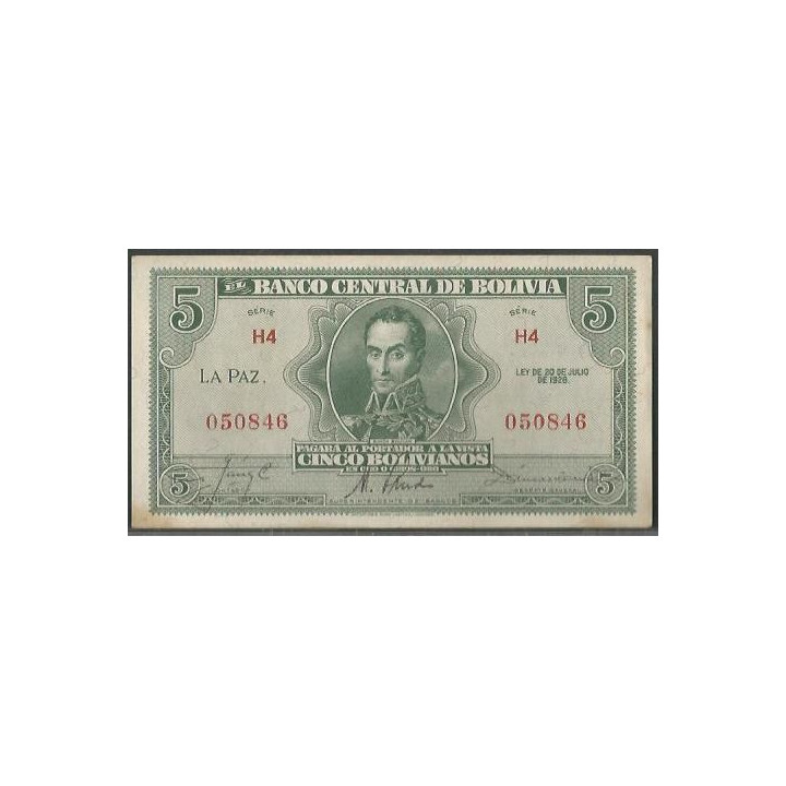 Bolivia 5 Bolivianos L 20 Jul 1928 Serie H4 P129