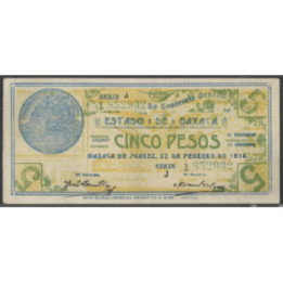 Mexico - La tesoreria General del estado de Oaxaca 5 Pesos 24 Feb 1915 J Ps954