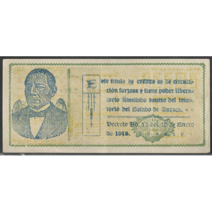Mexico - La tesoreria General del estado de Oaxaca 5 Pesos 24 Feb 1915 J Ps954 reverso