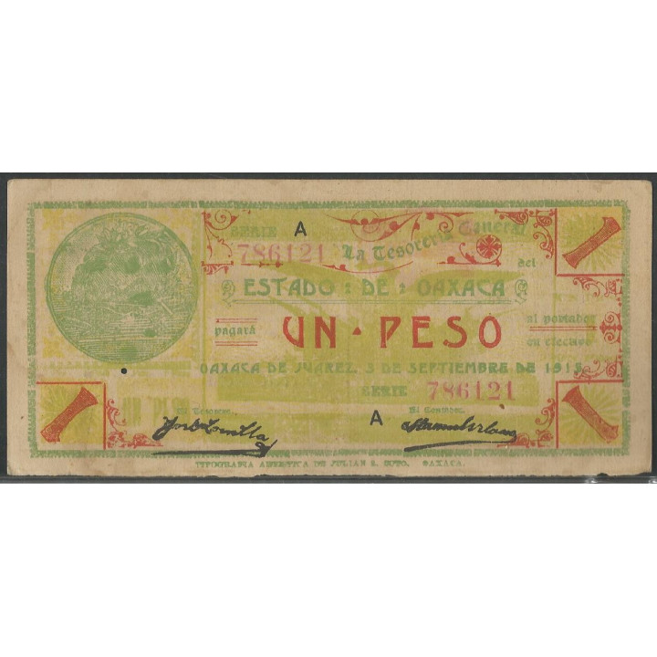 Mexico - La tesoreria General del estado de Oaxaca 1 Peso 3 Sep 1915 A Ps953a
