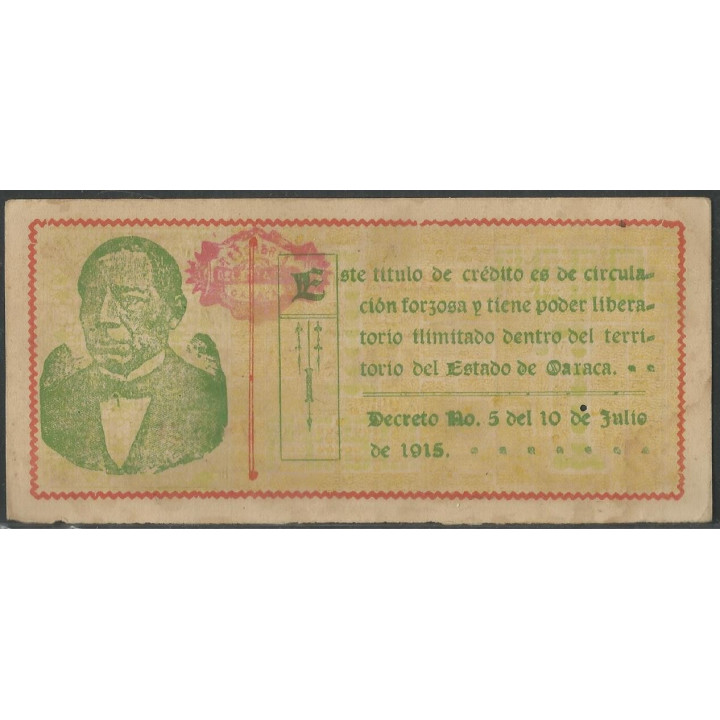 Mexico - La tesoreria General del estado de Oaxaca 1 Peso 3 Sep 1915 A Ps953a reverso