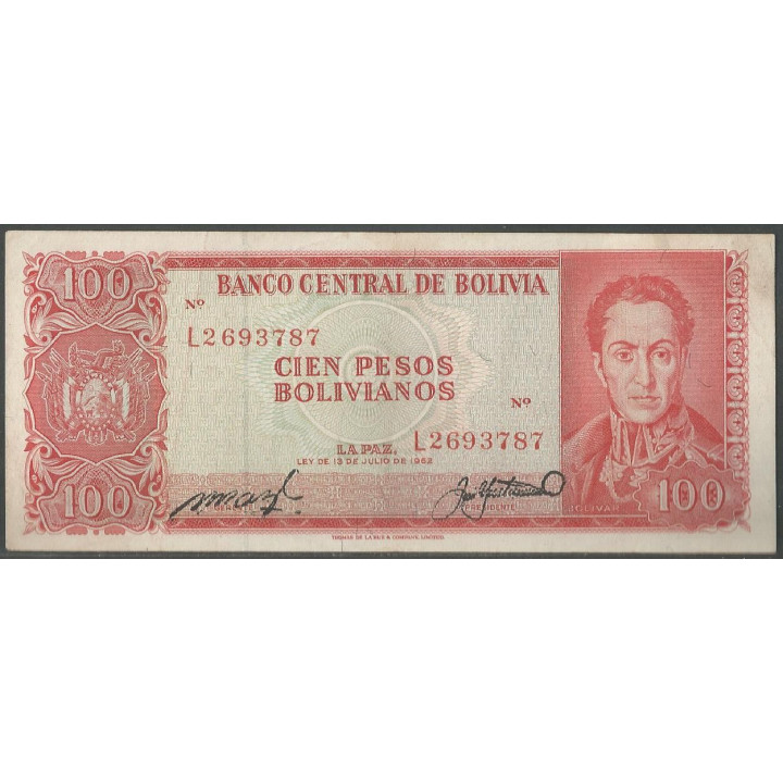 Bolivia 100 Pesos Bolivianos L 13 Jul 1962 Serie L P164c