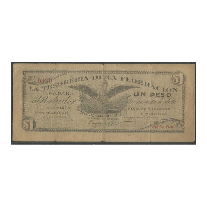 Mexico - La Tesoreria de la Federacion 1 Peso 27 Ene 1914 B-A Ps645