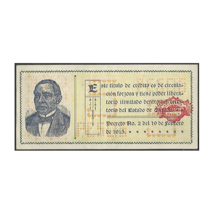 Mexico - La tesoreria General del estado de Oaxaca 5 Pesos 24 Feb 1915 E Ps954 reverso