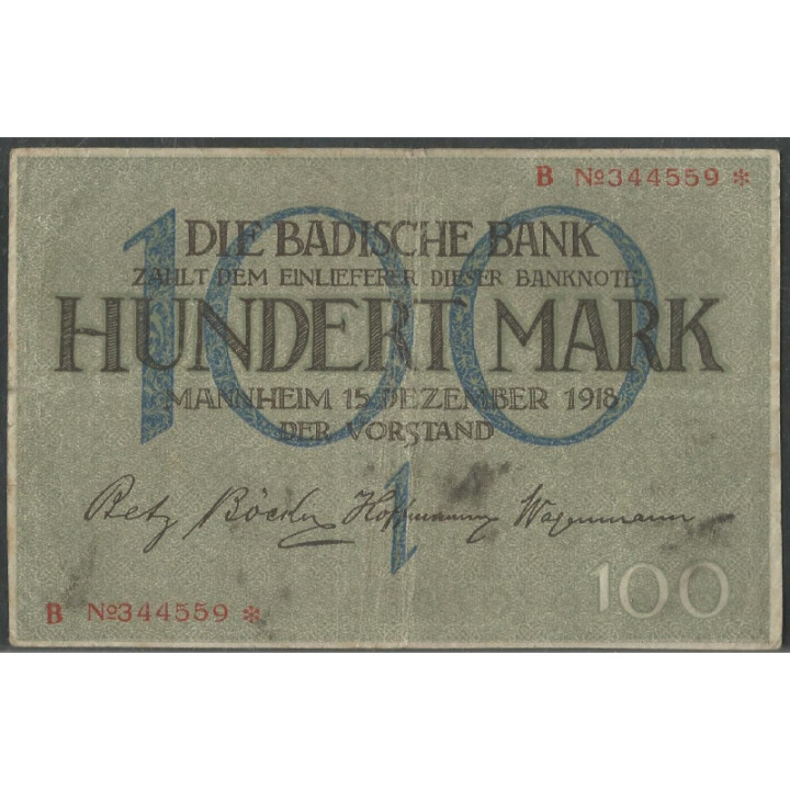 Alemania - Banco de Baden 100 Mark 15 Dic 1918 Ps907