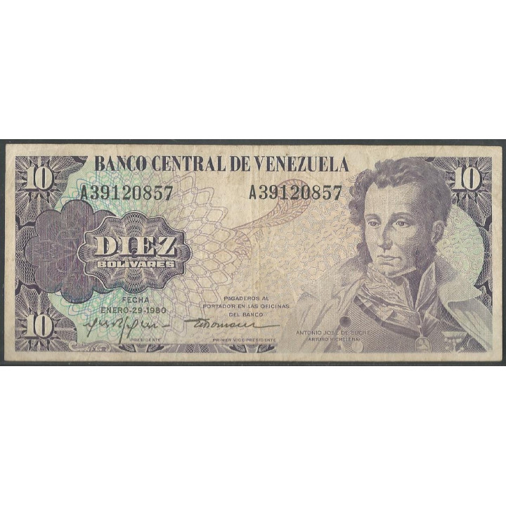 Venezuela 10 Bolivares 29 Ene 1980 A 8 Dig P57a