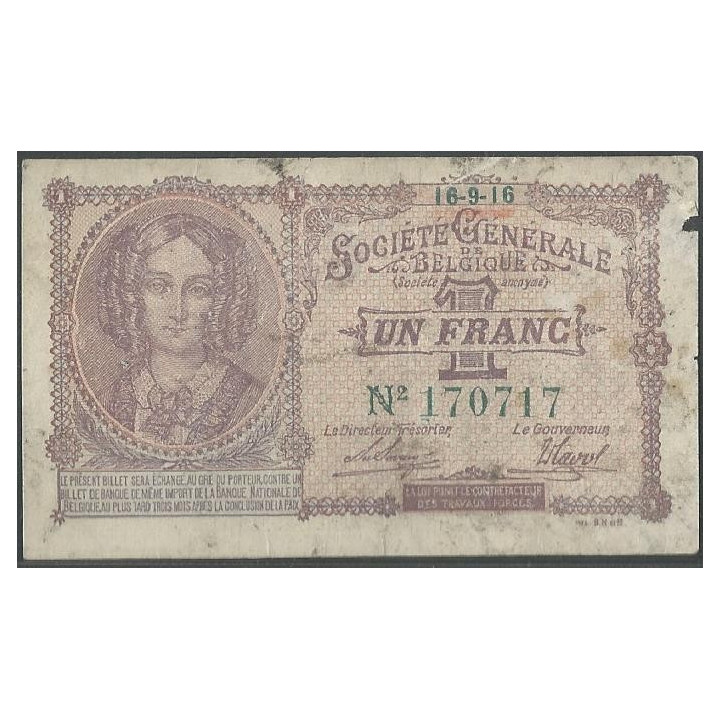 Belgica - Invasion Alemana WWI 1 Franc 16 Sep 1916 P86b