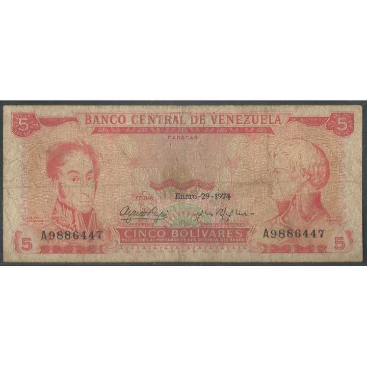 Venezuela 5 Bolivares 29 Ene 1974 A 7 Dig P50h