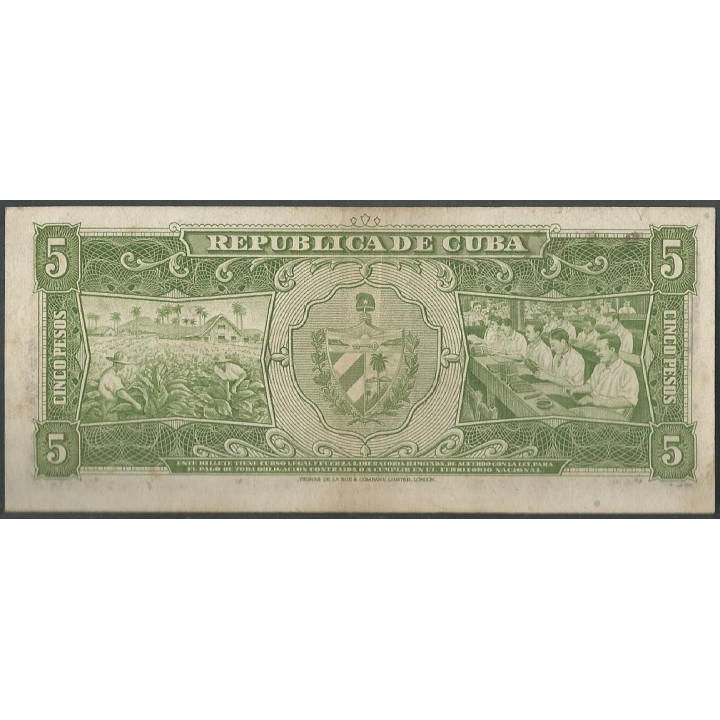 Cuba 5 Pesos 1958 P91a reverso