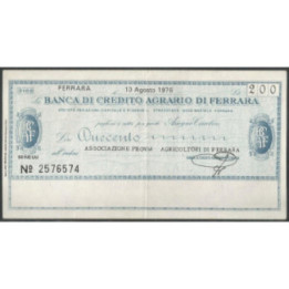 Italia - La Banca di Credito Agrario di Ferrara 200 Lire 10 Ago 1976