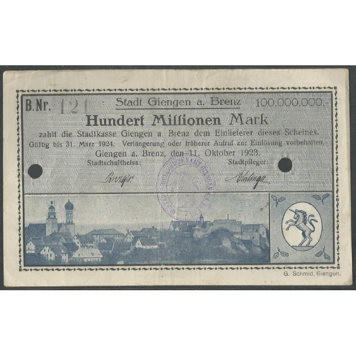 Alemania - Giengen A. Brenz 100.000.000 Mark 11 Oct 1923