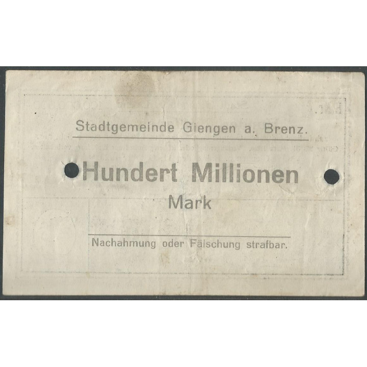 Alemania - Giengen A. Brenz 100.000.000 Mark 11 Oct 1923 reverso