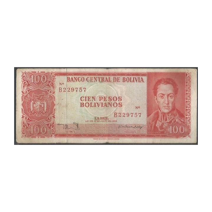 Bolivia 100 Pesos Bolivianos L 13 Jul 1962 Serie B P164c
