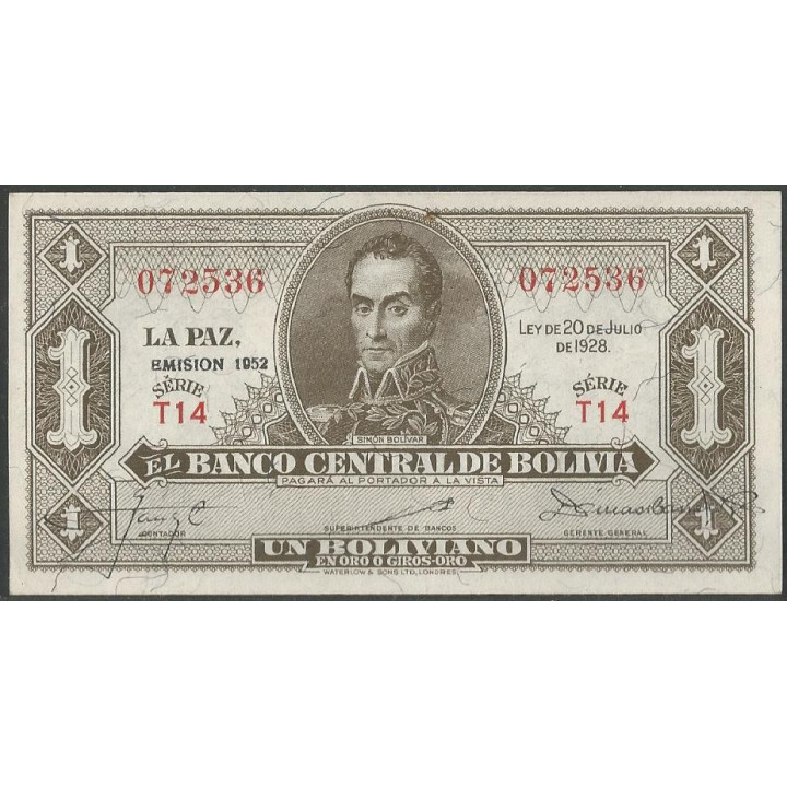 Bolivia 1 Boliviano L 20 Jul 1928 Serie T14 P128c