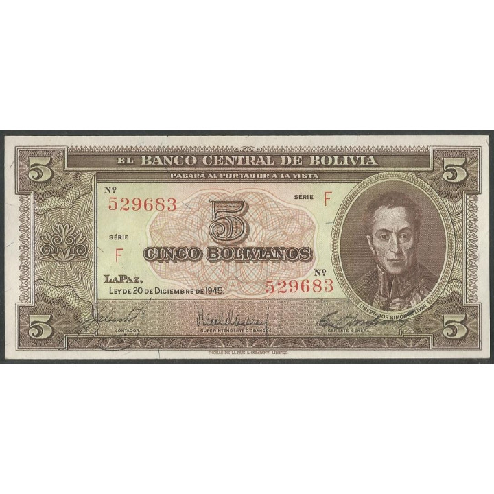 Bolivia 5 Bolivianos L 20 Dic 1945 Serie F P138a