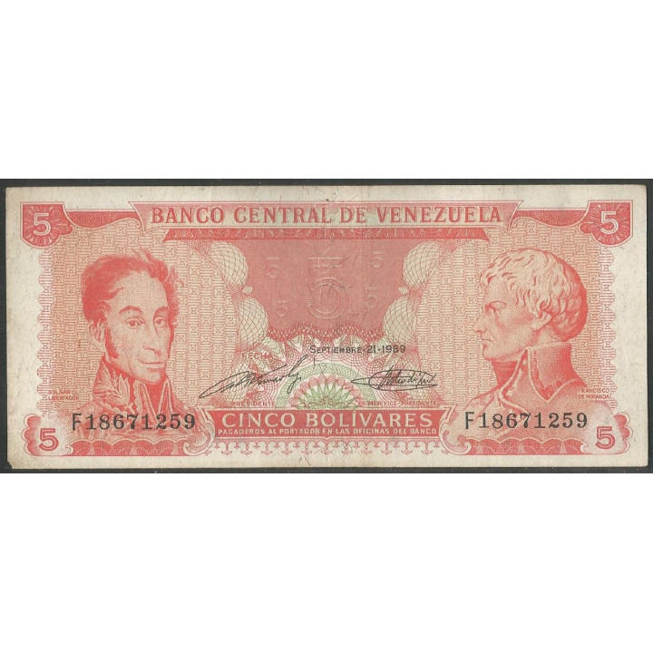 Venezuela 5 Bolivares 21 Sep 1989 F 8 Dig P70b