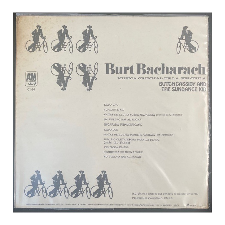 Burt Bacharach Butch Cassidy and the Sundance Kid - Colombia 1985 reverso