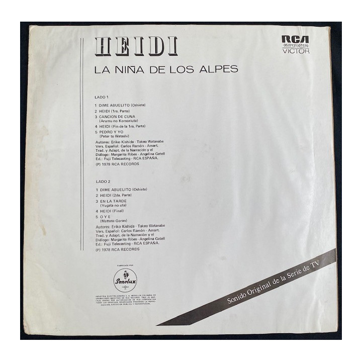 Heidi la niña de los Alpes - Colombia 1978 reverso