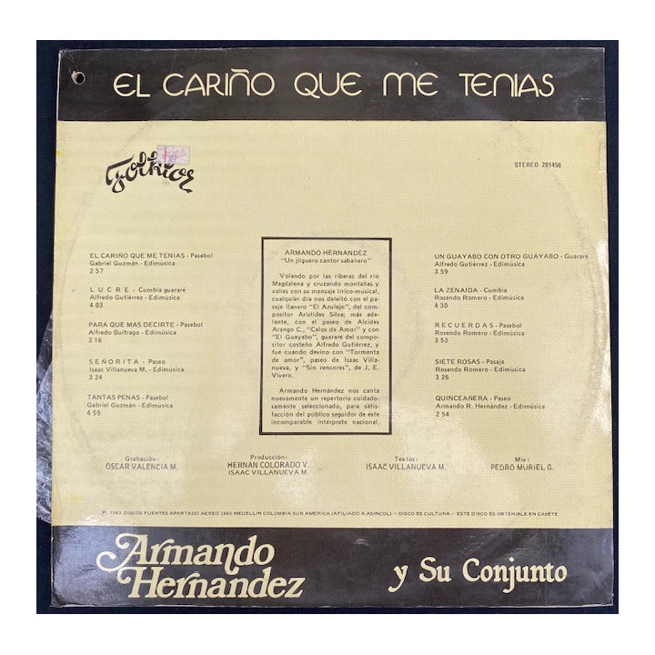 Armando Hernandez y su conjunto El cariño que me tenias - Colombia 1983 reverso