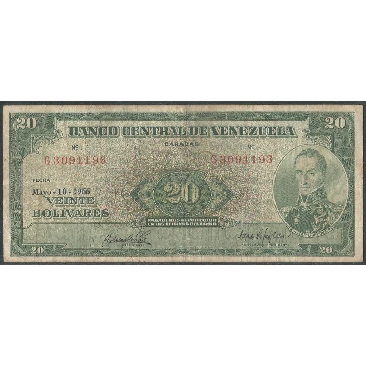 Venezuela 20 Bolivares 10 May 1966 G 7 Dig P43e