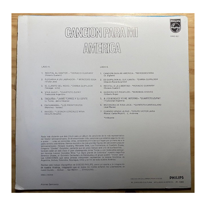 Cancion para mi America - Colombia 1980 reverso