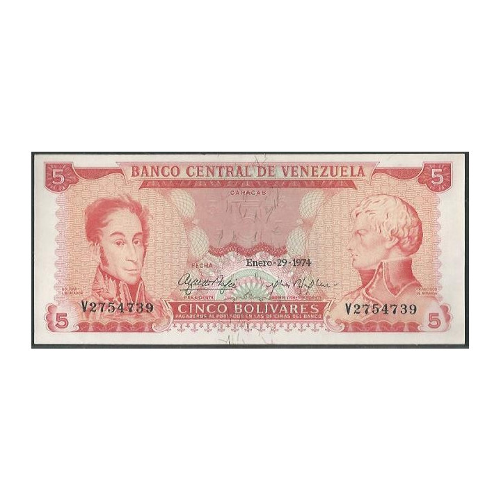 Venezuela 5 Bolivares 29 Ene 1974 V 7 Dig P50h