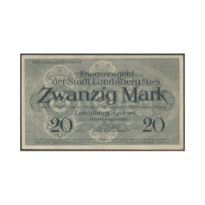 Alemania - Landsberg 20 Mark Abr 1919 reverso