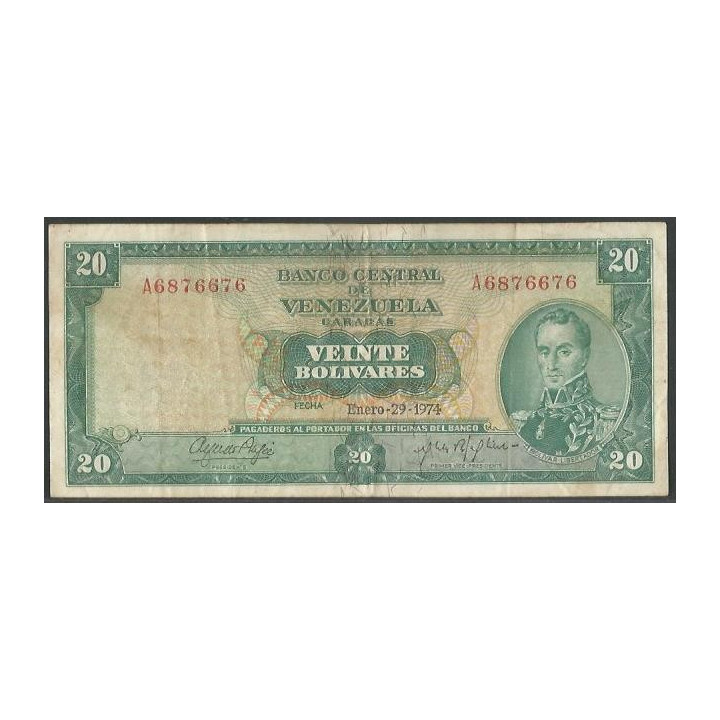 Venezuela 20 Bolivares 29 Ene 1974 A 7 Dig P46e